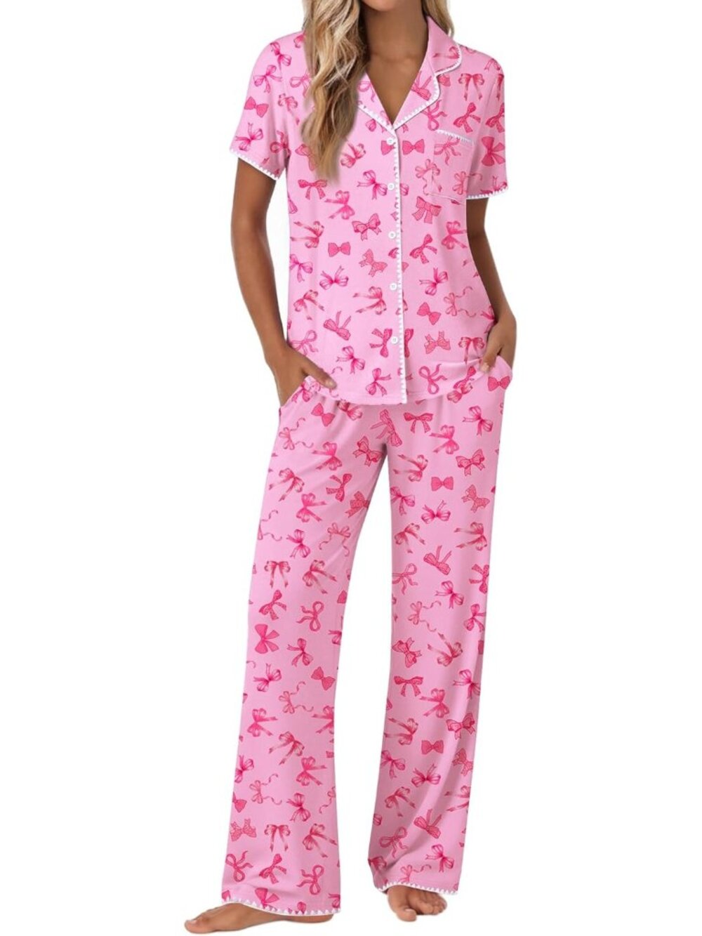 Women Pink Bow Short Sleeve Sleepwear Button Up Shirt Pajamas Set 2 Piece